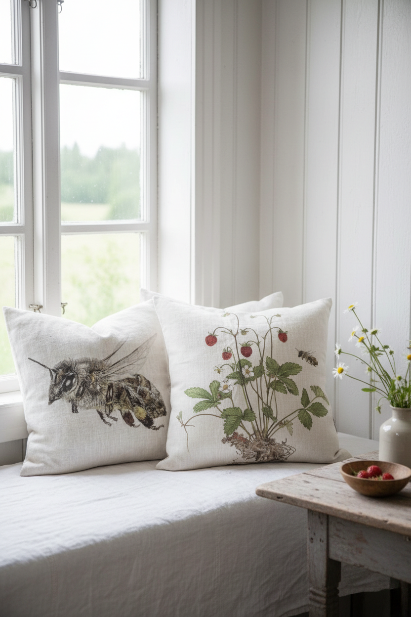 Bikudde och smultronkudde i fönstersoffa