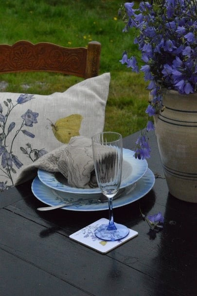 Lemon Butterfly & Bellflower Linen Cushion
