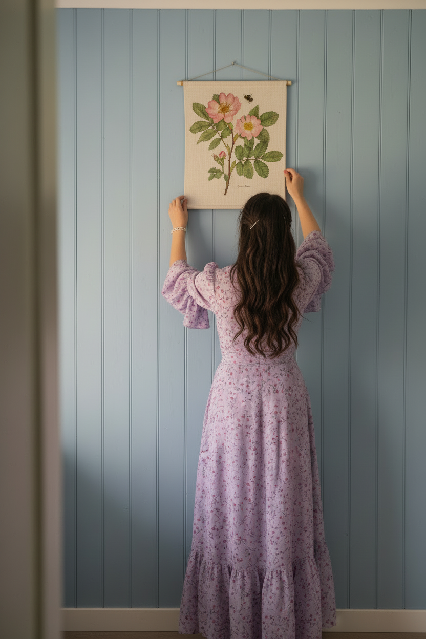 Emma hänger upp Nyponrosbonaden