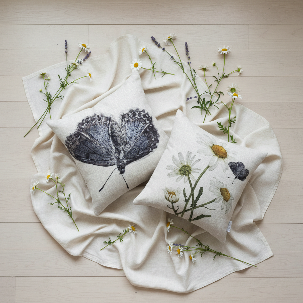 Flatlay med kuddarna på trägolv