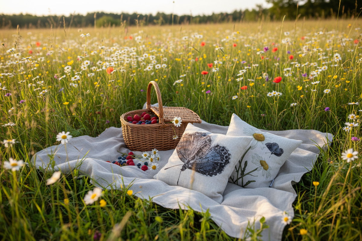 Kuddar på picknickfilt i äng