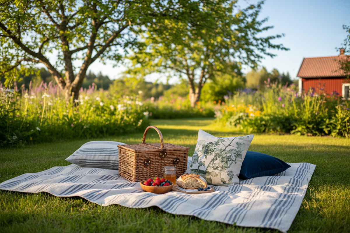 Kuddar på picknickfilt i trädgården