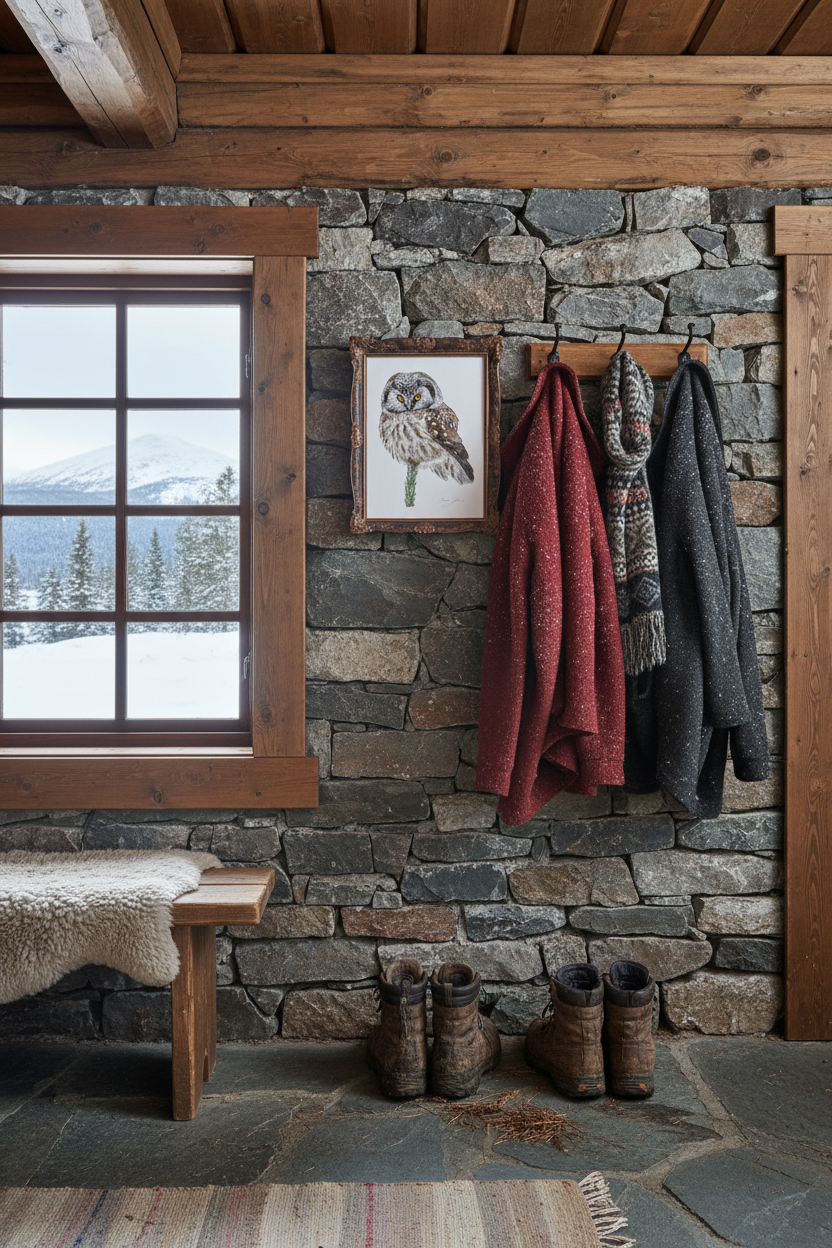 Owl print fjällstuga hall