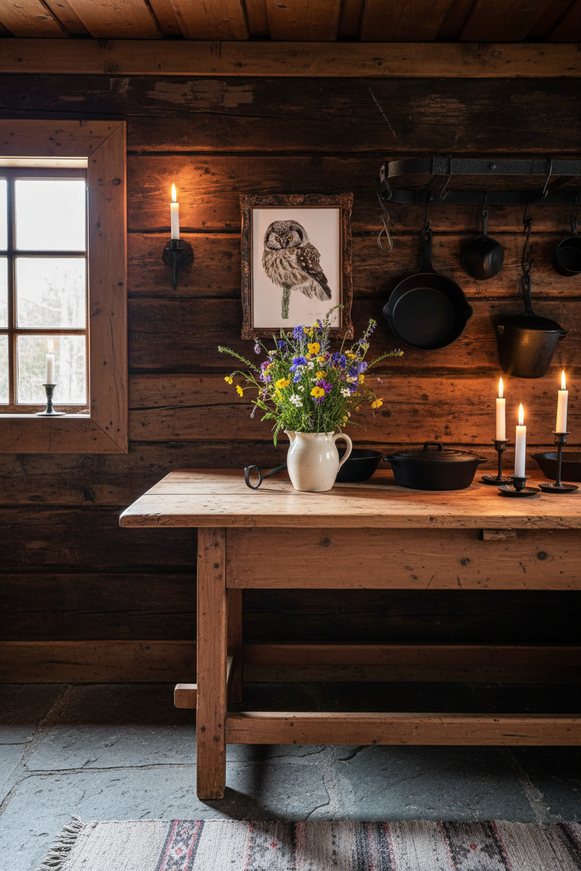 Owl print fjällstuga kök