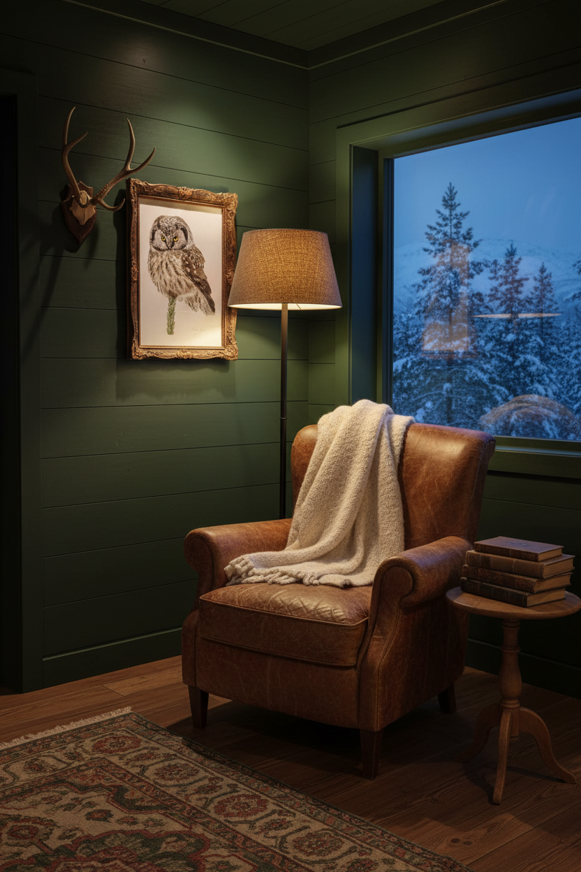 Owl print fjällstuga läshörna