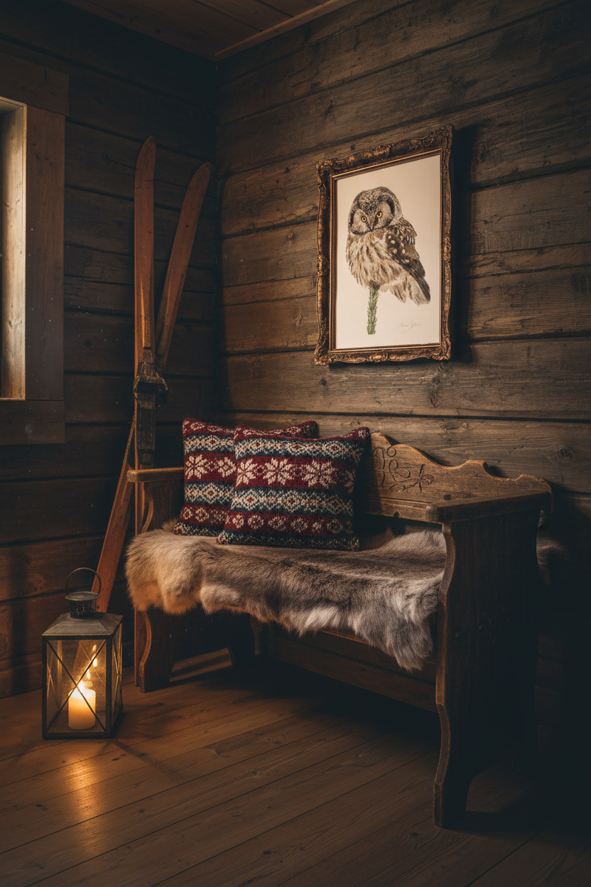 Owl print mörk hytte-hörna