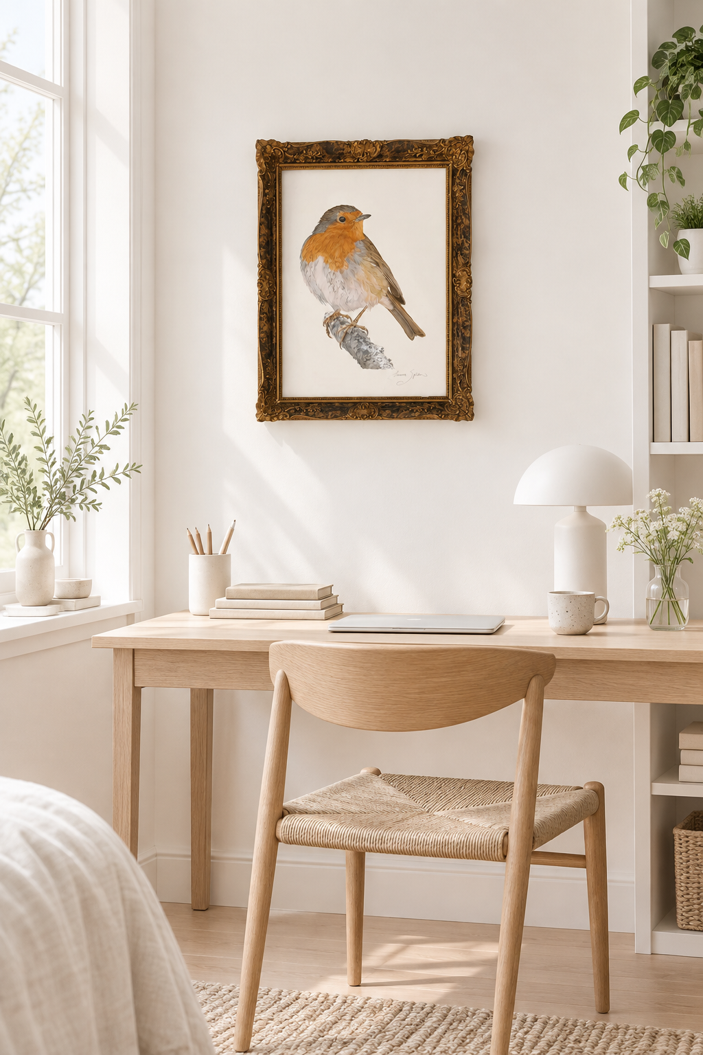 Robin-tavla i ljus hemmakontorshörna