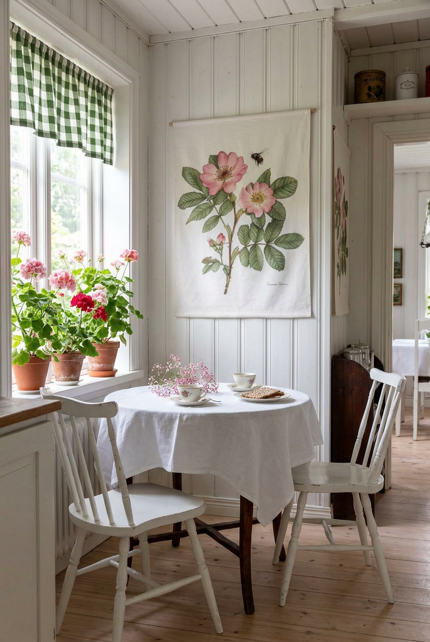 Romantisk frukosthörna med väggbonaden Nyponros