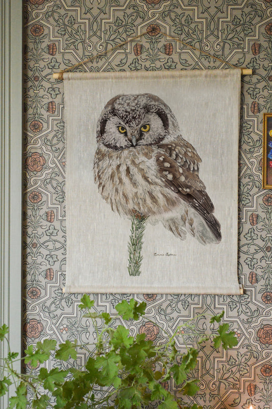 Owl — Fine Art Linen Wall Hanging, 40 × 50 cm